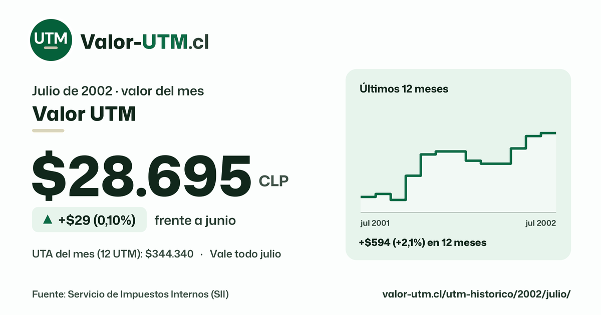 Valor UTM de julio de 2002: $28.695, sube $29 (0,10%) frente a junio, con los últimos 12 meses.