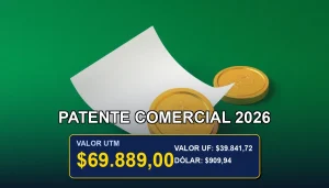 Ilustración premium de actualización de patente comercial con valor UTM, fondo verde bosque y elementos dorados.