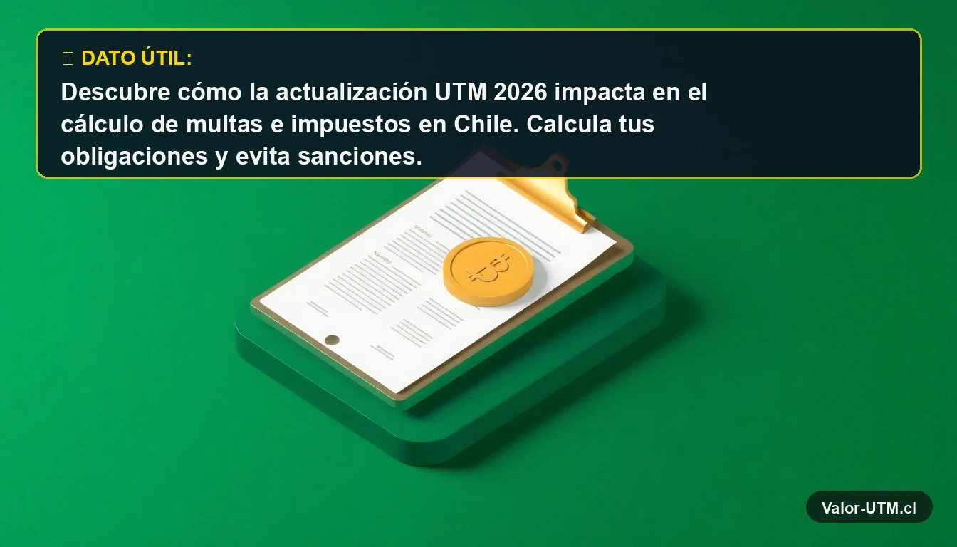 Ilustración 3D de documento legal y moneda dorada representando la actualización UTM 2026 en Chile.