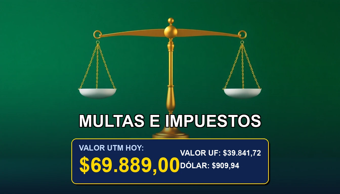 Ilustración minimalista de la balanza de la justicia dorada sobre fondo verde bosque, representando la actualización de la UTM y su impacto legal y tributario en Chile.