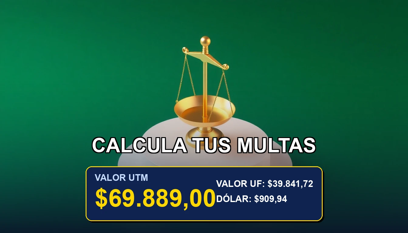 Ilustración minimalista de una balanza de la justicia dorada sobre un fondo verde bosque, representando el cálculo preciso de multas de tránsito según la UTM en Chile.