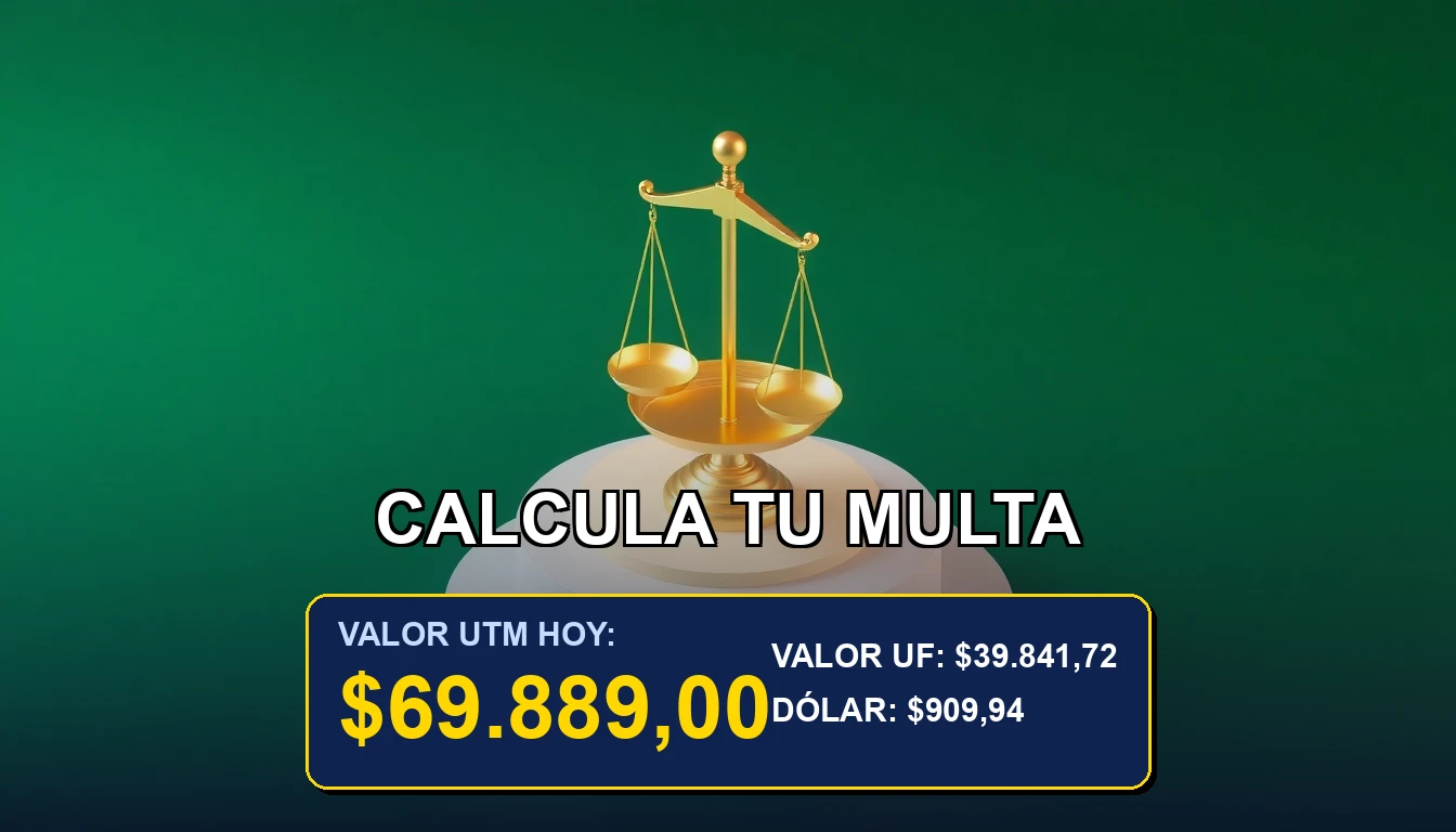 Ilustración minimalista de una balanza de la justicia dorada sobre un fondo verde bosque, representando el cálculo de multas por exceso de velocidad en Chile.