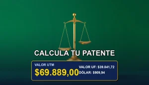 Guía para calcular el valor de la patente comercial usando la UTM en Chile. Imagen conceptual con balanza de la justicia dorada sobre fondo verde bosque.