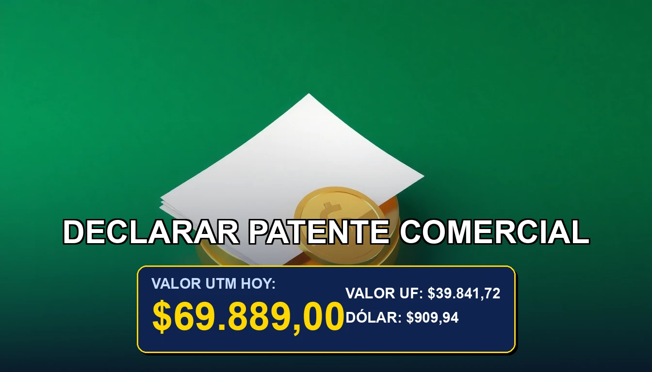 Guía paso a paso para declarar la patente comercial ante el SII de Chile, con objetos visuales de oro y documentos.