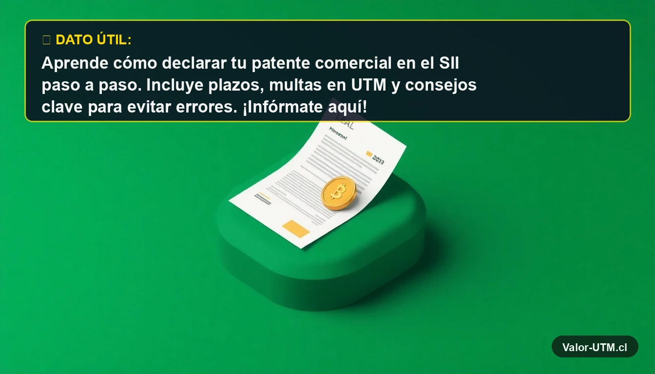 Ilustración 3D minimalista de un documento legal y una moneda de oro, representando la declaración de patente comercial en Chile.