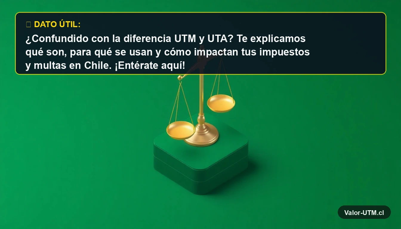 Ilustración 3D de una balanza de la justicia dorada sobre pedestal verde, representando el equilibrio entre las unidades tributarias UTM y UTA.