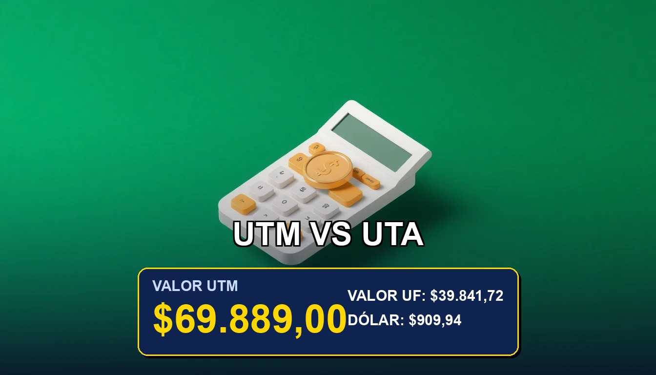 Ilustración minimalista que explica la diferencia entre la Unidad Tributaria Mensual (UTM) y la Unidad de Fomento (UTA) en Chile, con conceptos de impuestos, multas y ahorro.
