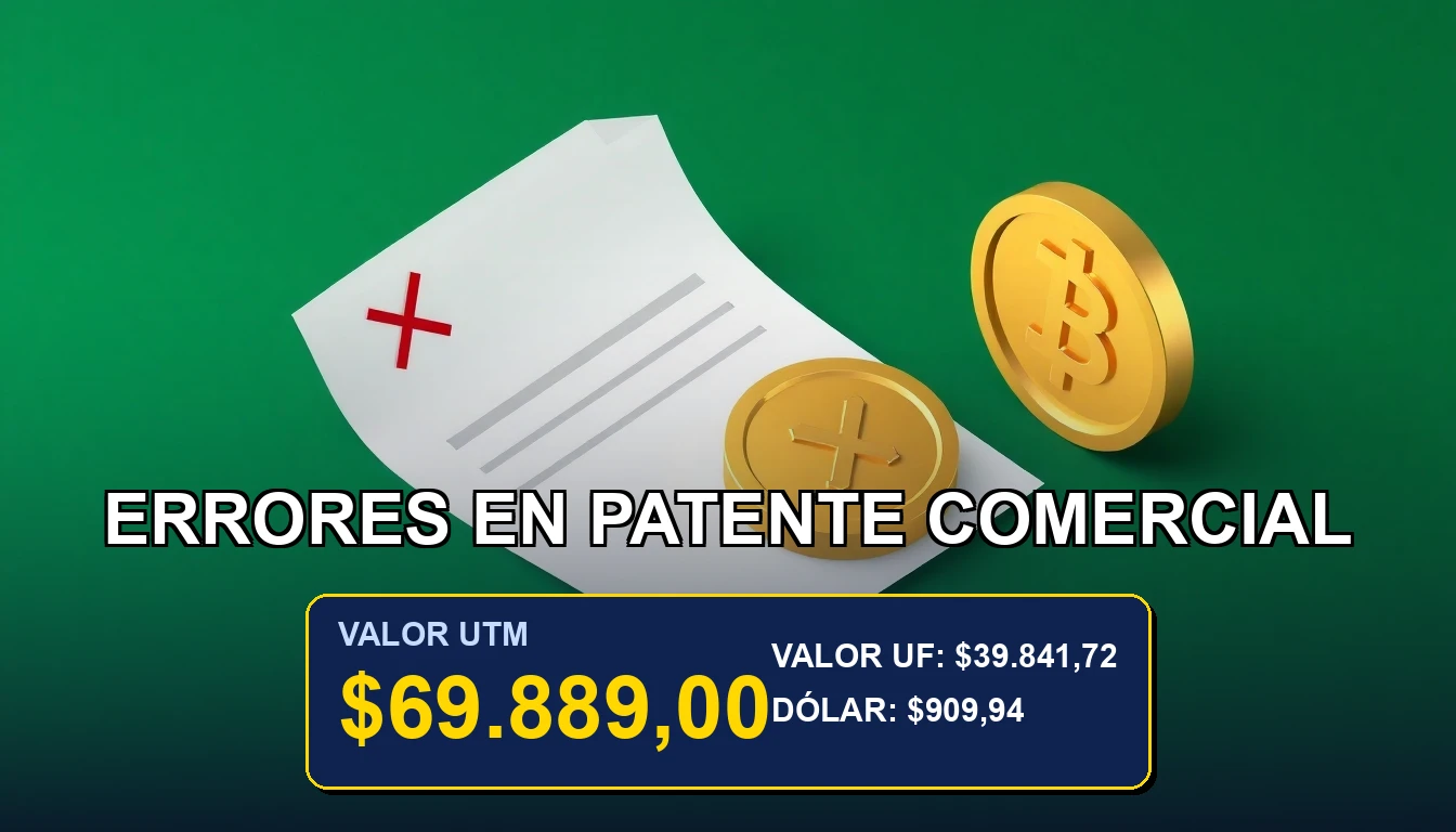 Ilustración corporativa minimalista sobre errores comunes en la declaración de patente comercial del SII, con fondo verde bosque y elementos dorados.