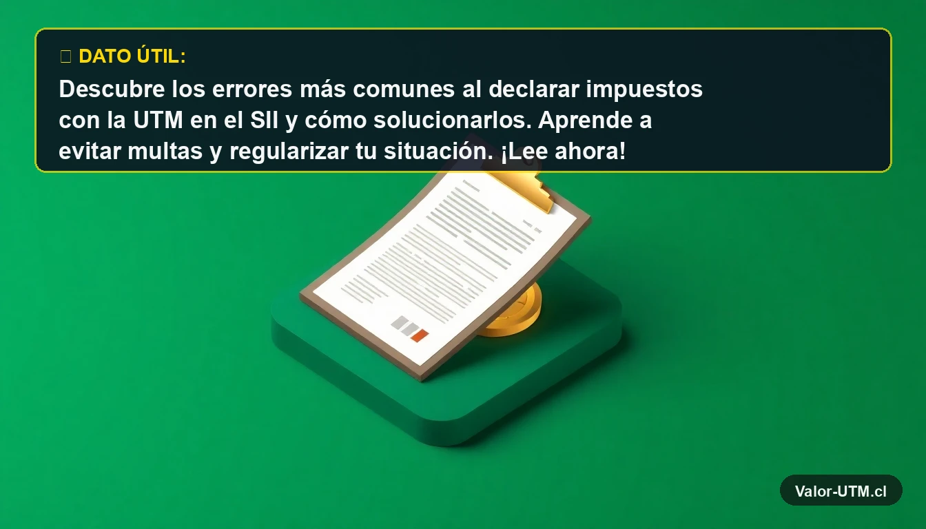 Ilustración 3D de documento legal y moneda dorada representando errores en declaración de impuestos UTM en Chile.