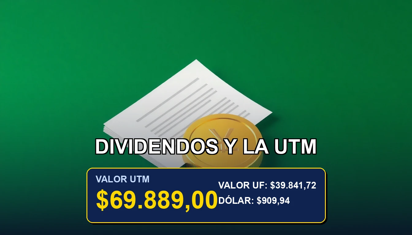 Ilustración corporativa de planificación tributaria en Chile, mostrando una balanza de la justicia dorada sobre documentos, representando la relación entre la UTM y los dividendos empresariales.