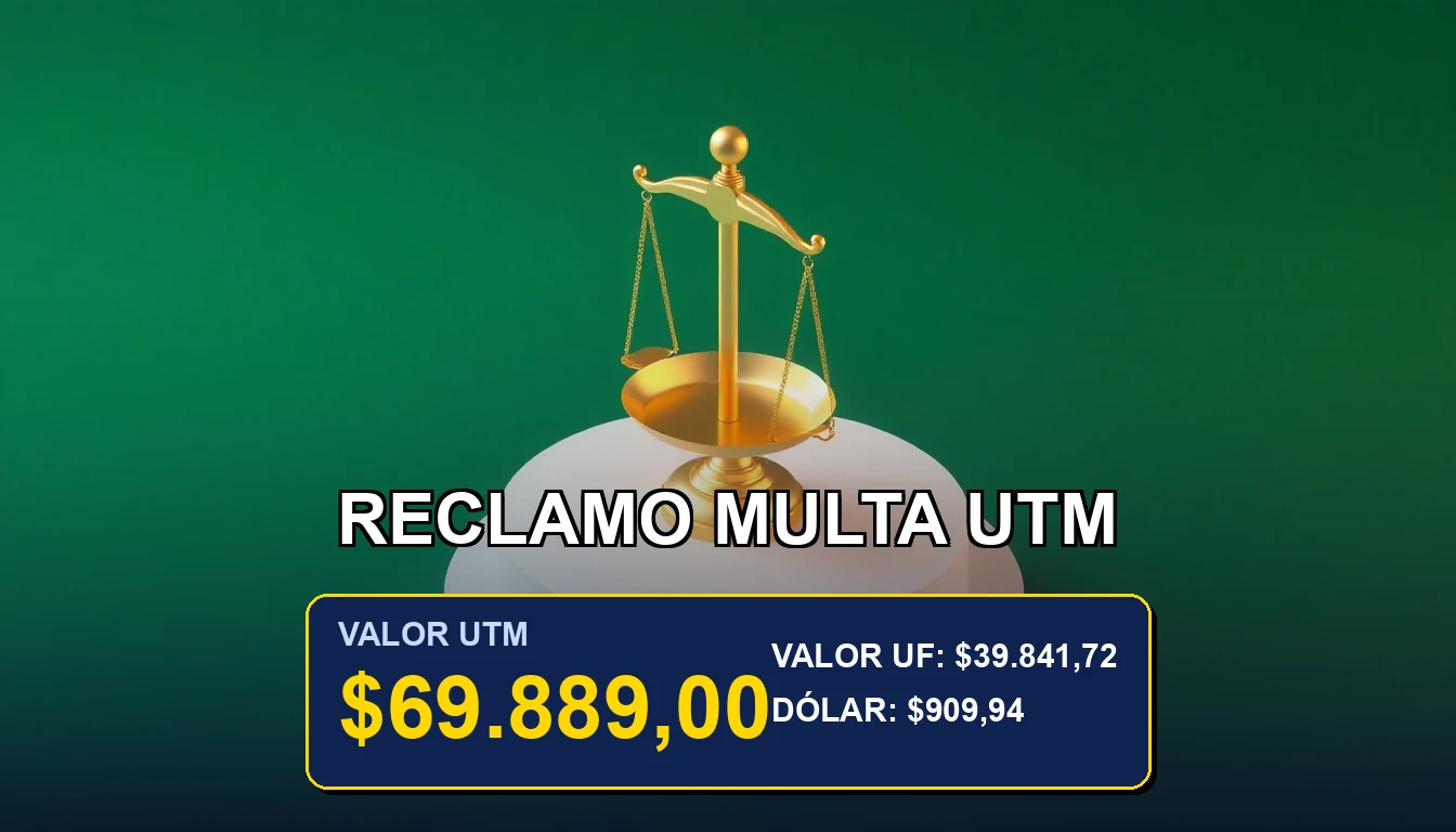 Guía paso a paso para reclamar una multa de tránsito por error en el cálculo de la UTM en Chile. Imagen conceptual con balanza de la justicia dorada sobre fondo verde bosque.