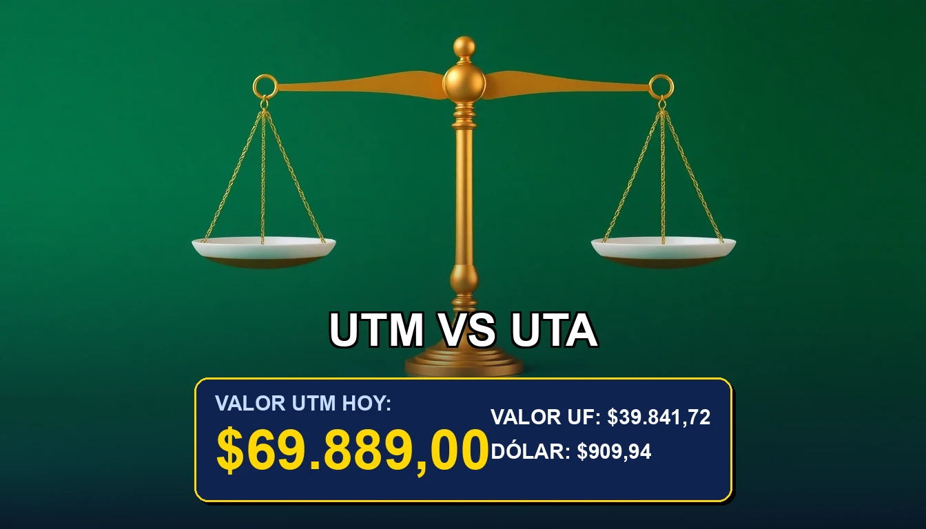 Ilustración minimalista de una balanza de la justicia dorada sobre un fondo verde bosque, representando el cálculo correcto de impuestos y multas legales en Chile.